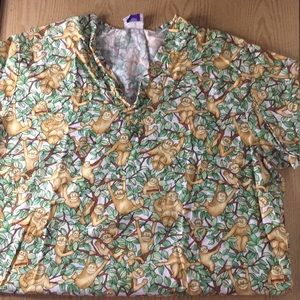 Monkey Print Scrub Top 2 Pockets Stretchy Soft XL